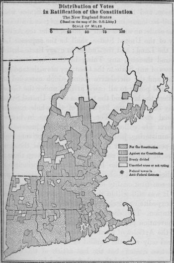 Distribution of Votes in Ratification of the Constitution,
The New England States (Based on the map of Dr. O. G. Libby)