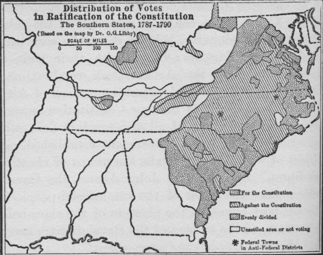 Distribution of Votes in Ratification of the Constitution,
The Southern States, 1787-1790 (Based on the map by Dr. O. G. Libby)