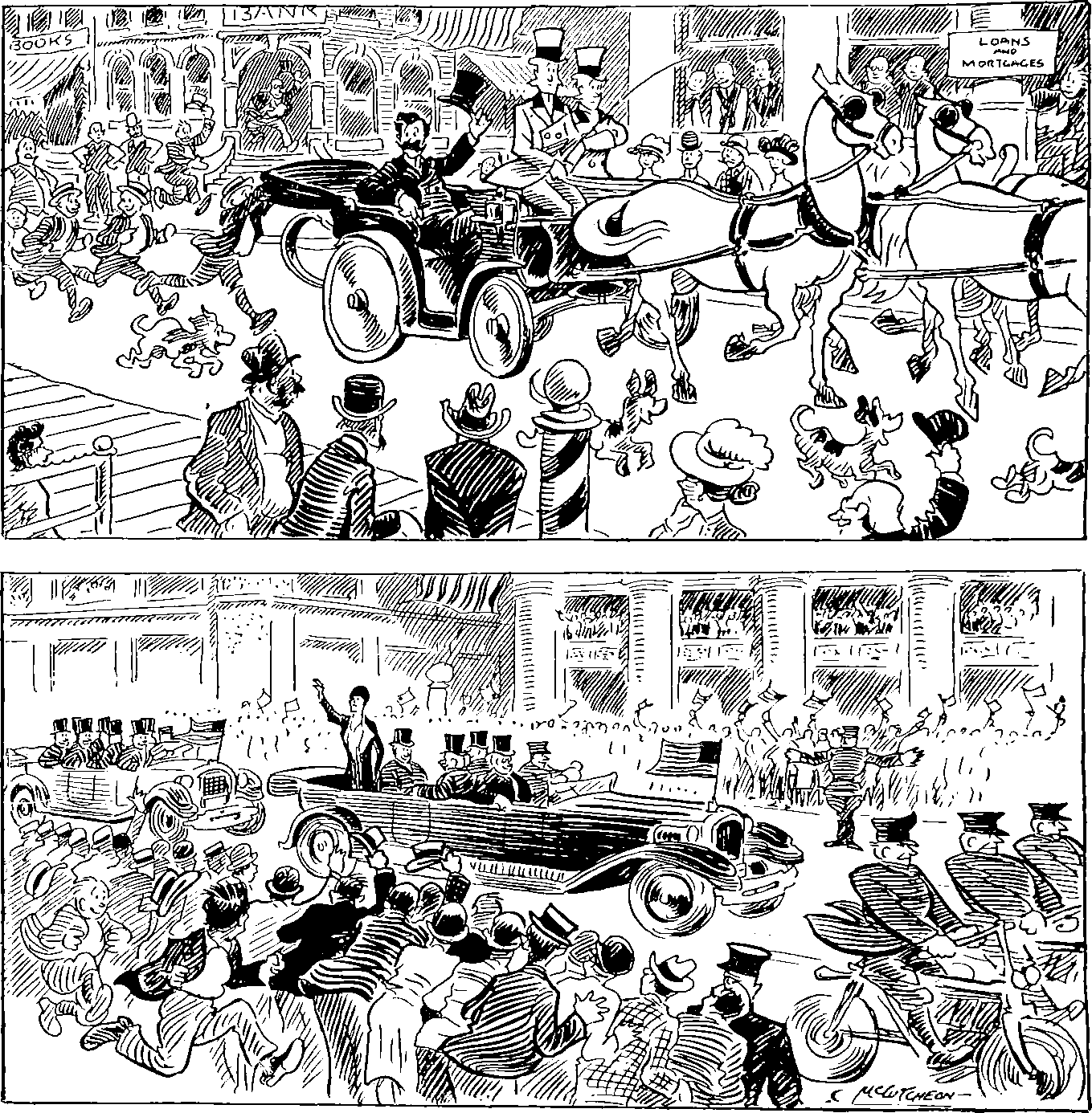 Drawing with 2 vertical panels. Panel 1 shows waving
                man in car pulled by horses. Panel 2 shows waving
                woman in motor car