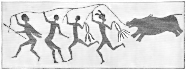 Depicting four hunters with a captive beast