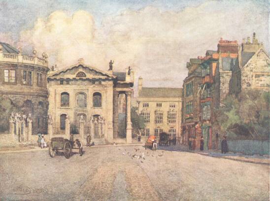 Broad Street, a fine wide street containing many historic
buildings, and showing the Sheldonian and the old Clarendon
Building on the right