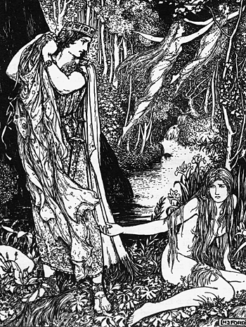 KING ATHAMAS STEALS NEPHELE'S CLOTHES SO THAT SHE CANNOT
FLOAT AWAY WITH HER SISTERS.