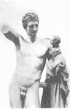 Hermes with the boy Dionysos.  Statue by Praxiteles, found at Olympia