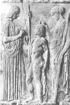 Demeter and Persephone sending Triptolemos on his mission.  Marble relief found at Eleusis—now in Athens