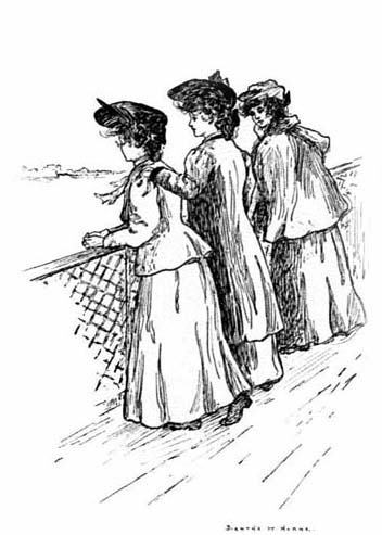 THREE PRETTY COLLEGE GIRLS LEANED OVER THE RAILING OF
THE UPPER DECK.