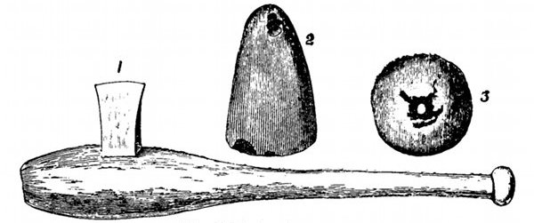 Fig. 80.

Neolithic implements.

1, Stone hatchet mounted in wood. 2, Jade celt, a polished stone
weapon, from Livermore in Suffolk, Â¼ size. 3, Spindle whorl, Â½
size.