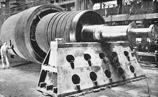 One of the turbine drums of the Carmania. Note the
rows of vanes. The drum is here being tested for perfect balance on two
absolutely level supports.
