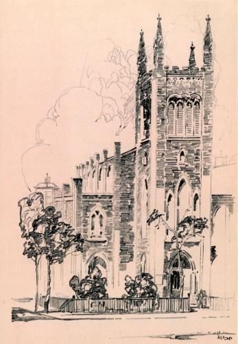 AT THE NORTHEAST CORNER OF THE AVENUE AND TENTH STREET IS
THE EPISCOPAL CHURCH OF THE ASCENSION, BUILT IN 1840, AND CONSECRATED
NOVEMBER 5, 1841. IT BELONGS TO A PART OF THE AVENUE, FROM THE SQUARE TO
TWELFTH STREET, WHICH HAS CHANGED LITTLE SINCE 1845