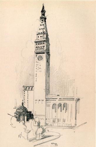 ";THE TOWER OF THE METROPOLITAN BUILDING. WHATEVER ARTISTS
MAY THINK OF IT THE TOWER IS, STRUCTURALLY, ONE OF THE WONDERS OF THE
WORLD. EXACTLY HALFWAY BETWEEN SIDEWALK AND POINT OF SPIRE IS THE GREAT
CLOCK WITH THE IMMENSE DIALS"