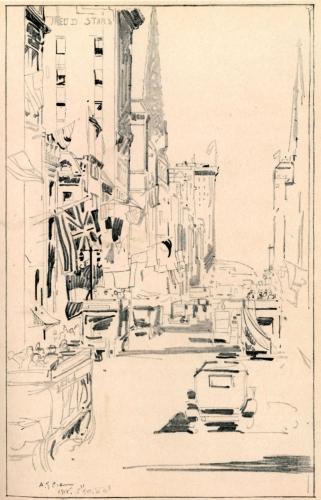 IN THE BRIGHT SUNLIGHT THE AVENUE GLITTERS WITH THE
PAVILLIONS OF PATRIOTISM. OLD GLORY MAY BE COUNTED BY THE TENS OF
THOUSANDS; ENGLAND'S UNION JACK, AND THE TRICOLOR OF FRANCE BY THE
THOUSANDS. TO FORESTALL THE KAISER THE AVENUE IS "COMING ACROSS"