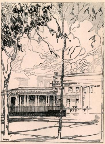 "THE SITE OF THE OLD LENOX LIBRARY IS NOW OCCUPIED BY
THE HOUSE OF MR. HENRY C. FRICK, ONE OF THE GREAT SHOW RESIDENCES OF THE
AVENUE AND THE CITY. A BROAD GARDEN SEPARATES THE HOUSE, WHICH IS
EIGHTEENTH CENTURY ENGLISH, FROM THE SIDEWALK"