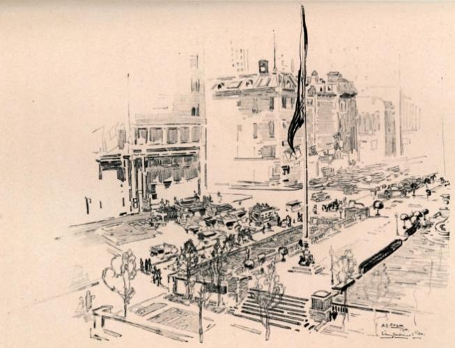 THE TERRACE OF THE PUBLIC LIBRARY. TO-DAY THE SPOT IS THE
SCENE OF THE ACTIVITIES OF THOSE ENGAGED IN THE WORK OF SPEEDING
AMERICA'S ANSWER. ONCE IT WAS FAR UPTOWN, AND ON THE EASTERN SIDE OF THE
AVENUE WERE THE RESIDENCES KNOWN AS "SPANISH ROW," OR "THE HOUSE OF
MANSIONS"