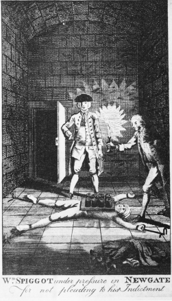 W^m. Spiggot under pressure in Newgate for not
pleading to his Indictment