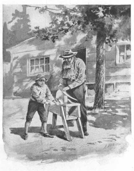 Here Andrew turned the grindstone in the shed, while a
large