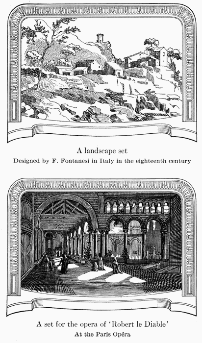 A landscape set
Designed by P. Fontanesi in Italy in the eighteenth century

A set for the opera of 'Robert le Diable'
At the Paris OpÃ©ra