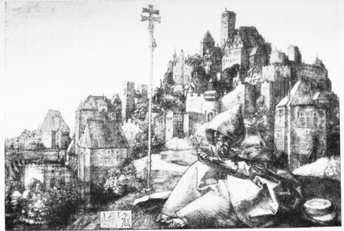 ST. ANTHONY, FROM THE ENGRAVING BY ALBERT DURER.
BACKGROUND OF NUREMBERG SCENERY
