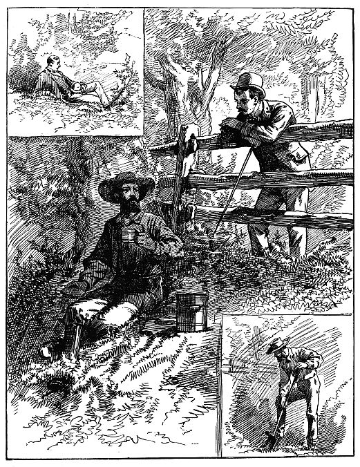 triptych: main: man leaning on fence talking to man sitting on ground with bucket; top inset man sitting on ground; bottom inset: man digging