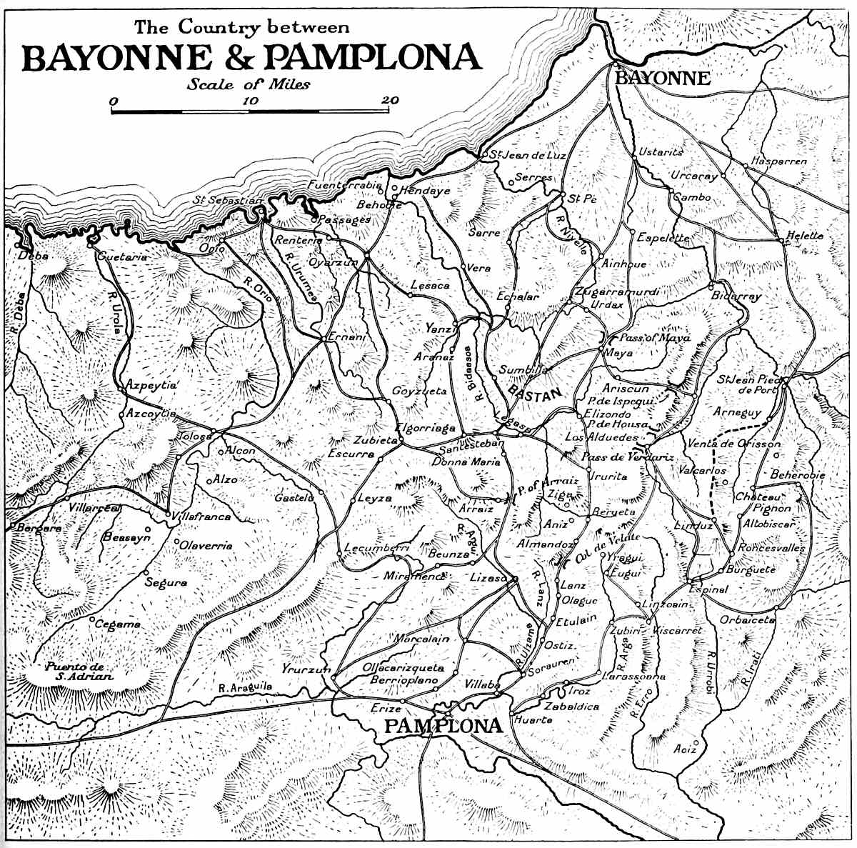 Map of the ountry between Bayonne and Pamplona