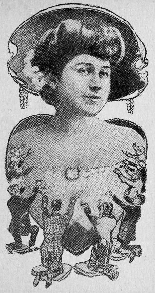 (Men on
knees, arms stretched towards large image of a heart-shaped lady)