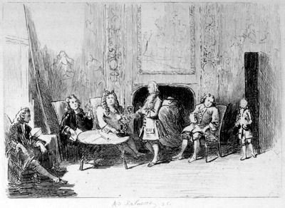 Coffee-House Scene of Cibber's Day,
drawn from the life
by G. Vander Gucht.