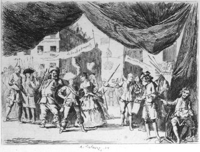 The Stage Mutiny with portraits of Theophilus Cibber
as Antient Pistol, Mrs. Wilks, and others, in character;
Colley Cibber as Poet Laureate, with his lap filled with bags
of money. From a pictorial satire of the time.