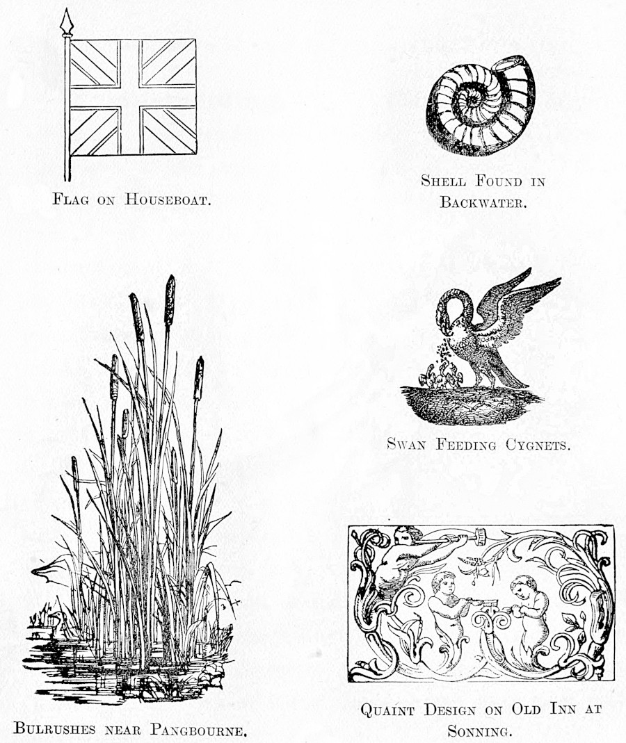 Five
small images titled FLAG ON HOUSEBOAT, SHELL FOUND IN BACKWATER, SWAN
FEEDING CYGNETS, BULRUSHES NEAR PANGBOURNE, and QUAINT DESIGN ON OLD
INN AT SONNING.