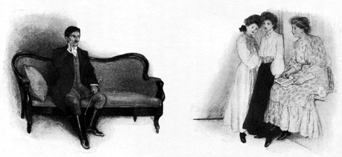 "... curled his mustache airily, and allowed
his glance to rove boldly over the display
of youthful femininity"