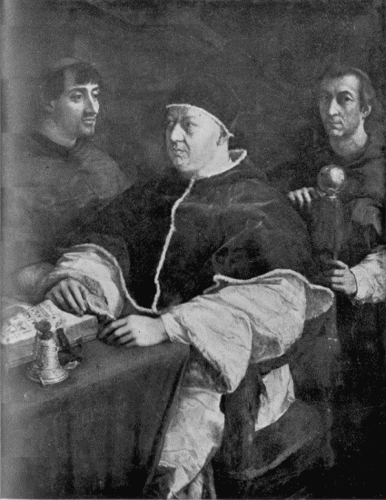 Alinari

Pope Leo X,

Giulio de Medici (afterward Pope Clement VII), and

Luigi De Rossi, by Raphael

Pitti Gallery