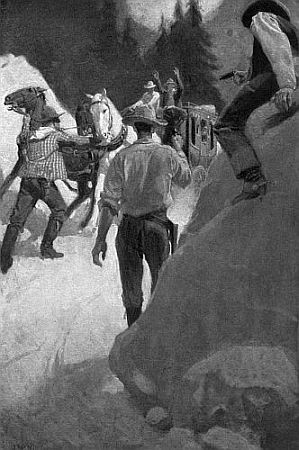 From a painting by John W. Norton
PLUMMER'S MEN HOLDING UP THE BANNACK STAGE
(See page 119)