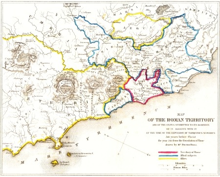 I MAP OF THE ROMAN TERRITORY AND OF THE STATES SUBMITTED TO
ITS DOMINION OR IN ALLIANCE WITH IT AT THE TIME OF THE EXPULSION OF
TARQUINUS SUPERBUS 510 years before Christ the year 244 from the
foundation of Rome drawn by M^R. Pietro Rosa.