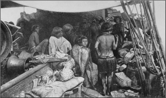 Harem and little son of King
Tembinoka on board the "Janet Nichol," passing
from Aranuka to Apemama