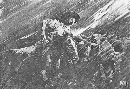 “WITH A WHOOPING YELL, HE DASHED AT THE HEAD OF THE
PLUNGING HERD”—p. 82