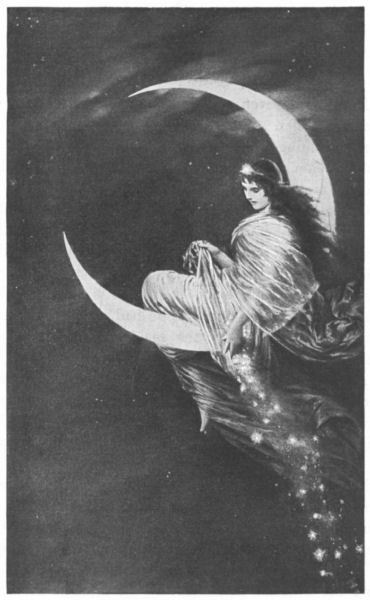 A dark-haired young woman sits on a crescent moon