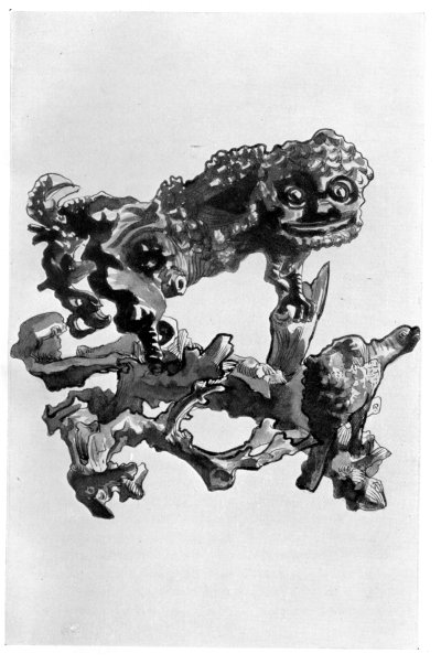 FIG. 56.—TEMPLE GUARDIAN, CARVED FROM THE GNARLED ROOT OF A TREE.

(In the Author's collection.)