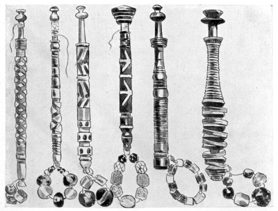 FIG. 74.—OLD LACE BOBBINS.

(a, b, c, d, e, and f, reading from left to right.)