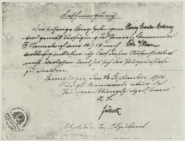 Facsimile of the Pass issued by the German authorities to
the author on his leaving Sennelager for Cöln-on-Rhein.