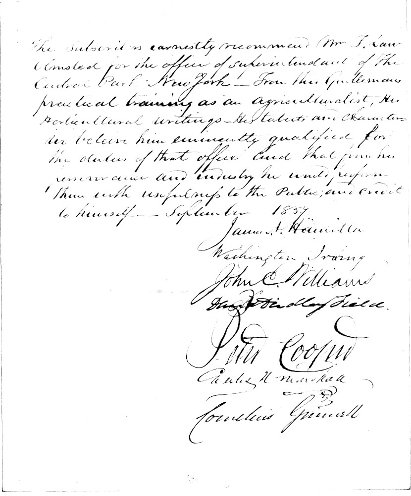 Facsimile of Petition to Secure Appointment of Mr. Olmsted as Superintendent
of Central Park, 1857