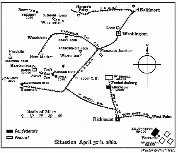 [Illustration: Map showing the situation on April 30th, 1862.]