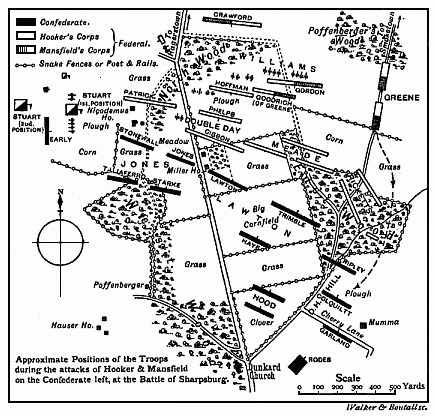 [Illustration: Map of
the Approximate Positions of the Troops during the attacks of Hooker and
Mansfield on the Confederate left, at the Battle of Sharpsburg.]