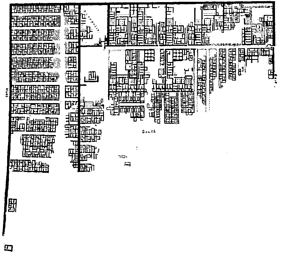 Fig 3.--Plan of three-quarters of the town
of Hat-Hotep-Ûsertesen (Kahûn), built for the
accommodation of the officials and workmen
employed in connection with the pyramid of
Ûsertesen II. at Illahûn. The workmen's quarters
are principally on the west, and separated from the
eastern part of the town by a thick wall. At the
south-west corner, outside the town, stood the
pyramid temple, and in front of it the porter's lodge.
Reproduced from Plate XIV. of Illahûn, Kahun,
and Gurob, W.M.F. Petrie.