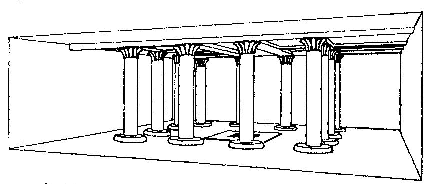 Fig 8.--Restoration of the hall in a Twelfth Dynasty
house. In the middle of the floor is a tank surrounded
by a covered colonnade. Reproduced from Plate XVI. of
Illahûn, Kahun, and Gurob, W.M.F. Petrie. 