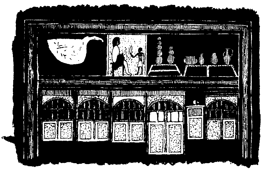 Fig 10.--Wall-painting in a Twelfth Dynasty house. Below
is a view of the outside, and above a view of the inside of
a dwelling. Reproduced from Plate XVI. of Illahûn, Kahun,
and Gurob, W.M.F. Petrie. 