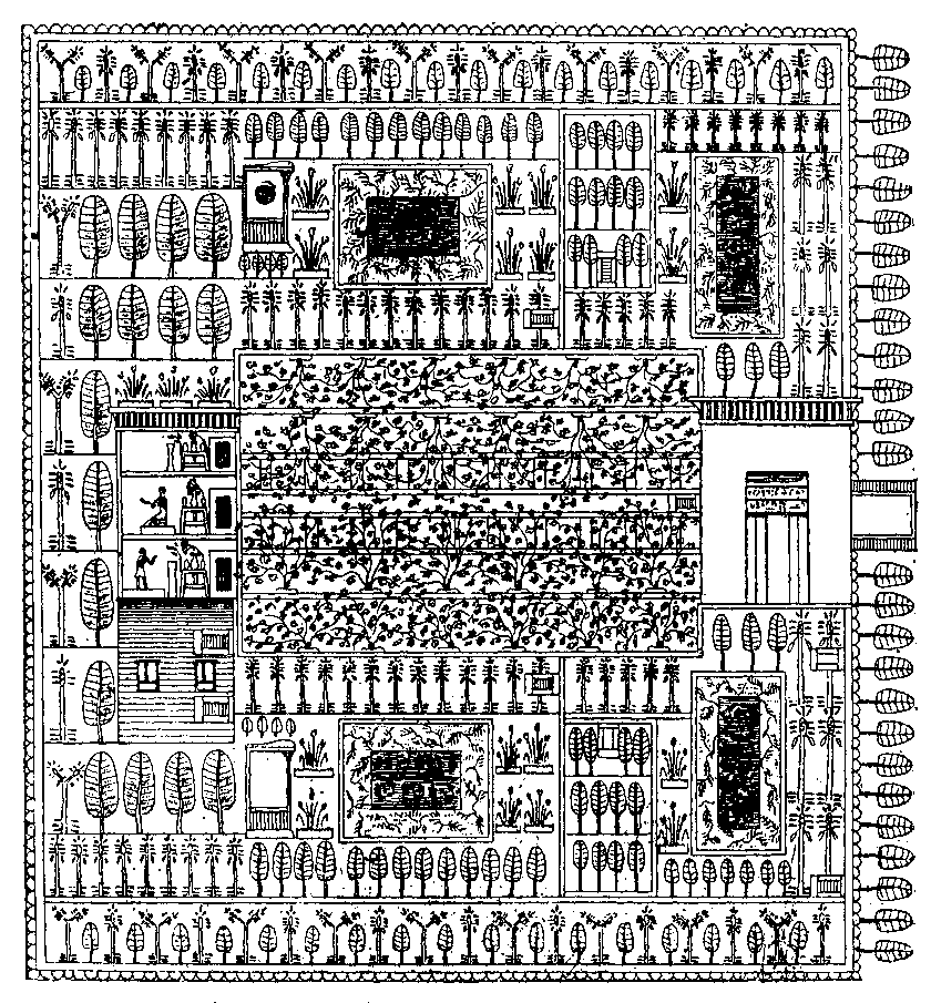Fig 14.--Plan of a Theban house with garden, from
Eighteenth Dynasty tomb-painting. 