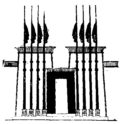 Fig 79.--Pylon, with masts, from a bas-relief in the
temple of Khonsû at Karnak. 