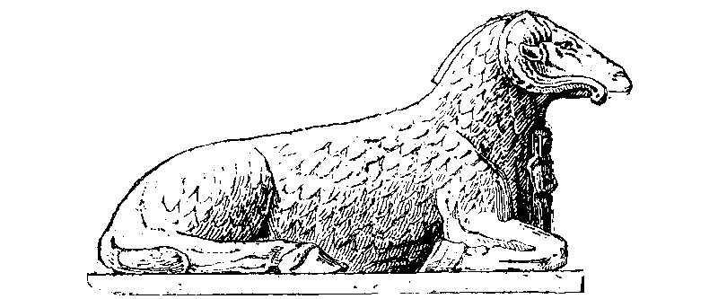 Fig 95.--Couchant ram, with statuette of royal founder,
restored from the Avenue of Sphinxes at Karnak. 