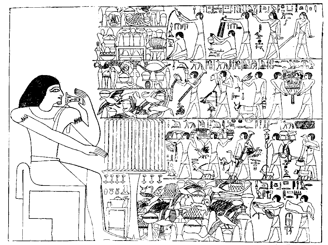 Fig 127.--Wall scene of funerary offerings, from
mastaba of Ptahhotep, Fifth Dynasty. 