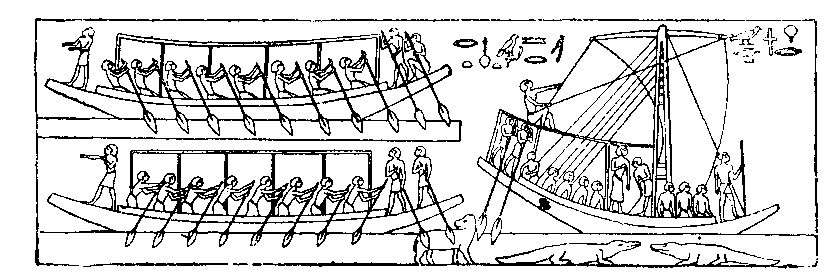 Fig 128.--Wall-painting, funeral voyage; mastaba of
Urkhuû, Gizeh, Fourth Dynasty. 