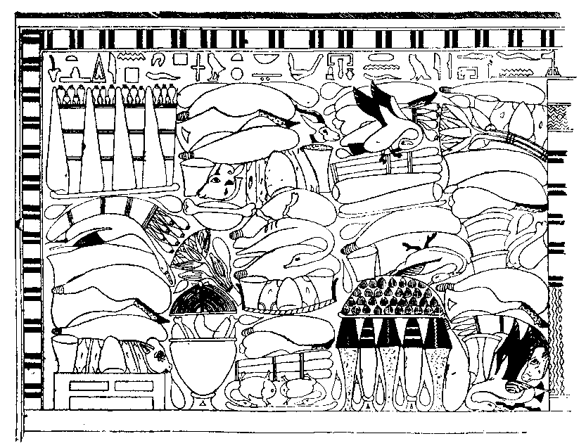 Fig 135.--Wall painting of funerary offerings, from
mastaba of Nenka, Sakkarah, Sixth Dynasty.