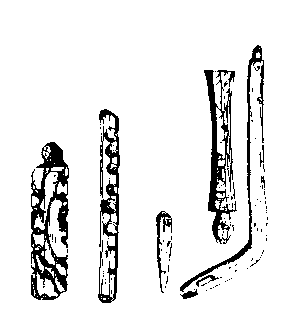 Fig 255.--Fire-sticks, bow, and unfinished drill-stock,
Twelfth Dynasty; Illahûn, Kahun, and Gurob, W.M.F. Petrie, Plate
VII., p. 11.