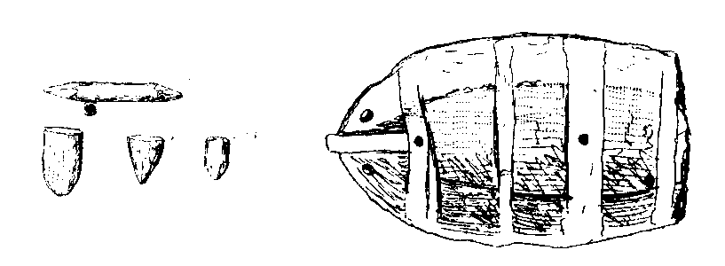 Fig 257.--Tops, tip-cat, and a terra-cotta toy boat,
Twelfth Dynasty; Kahun, Gurob, and Hawara, W.M.F. Petrie,
Plates VIII., IX., p. 30. 